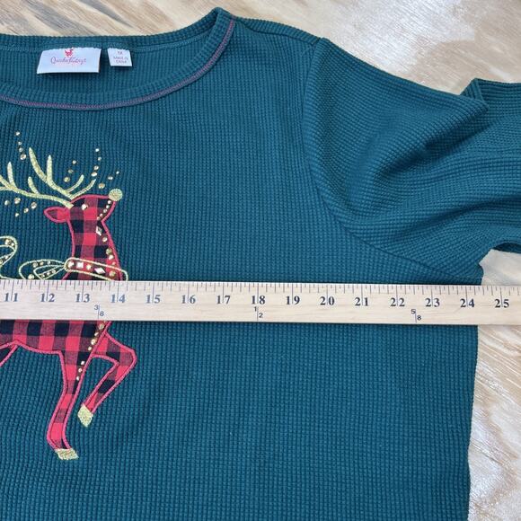 Quacker Factory Womens Thermal Waffleknit Top Size 1X Green Christmas Reindeer - Picture 9 of 11
